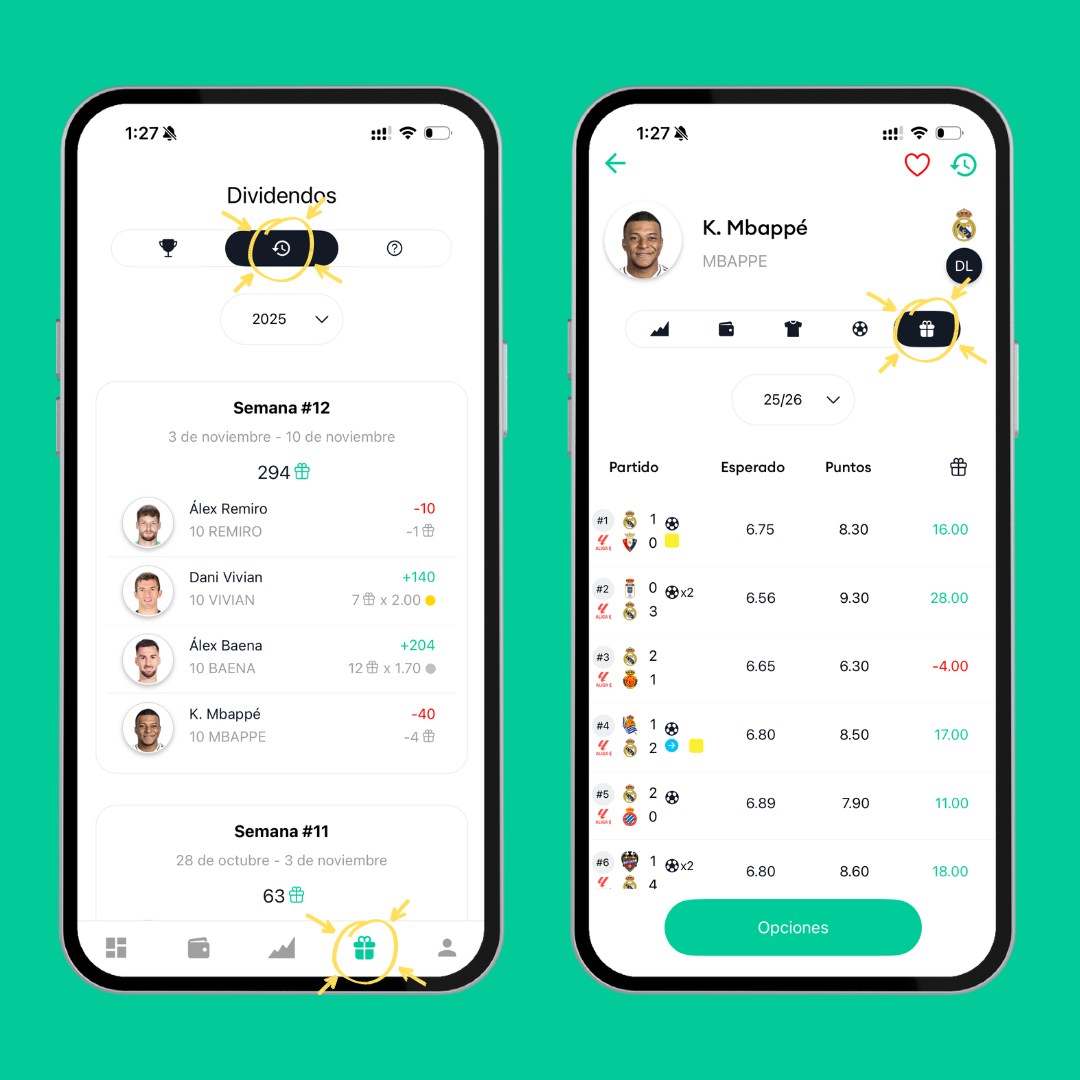 Histórico de dividendos del jugador